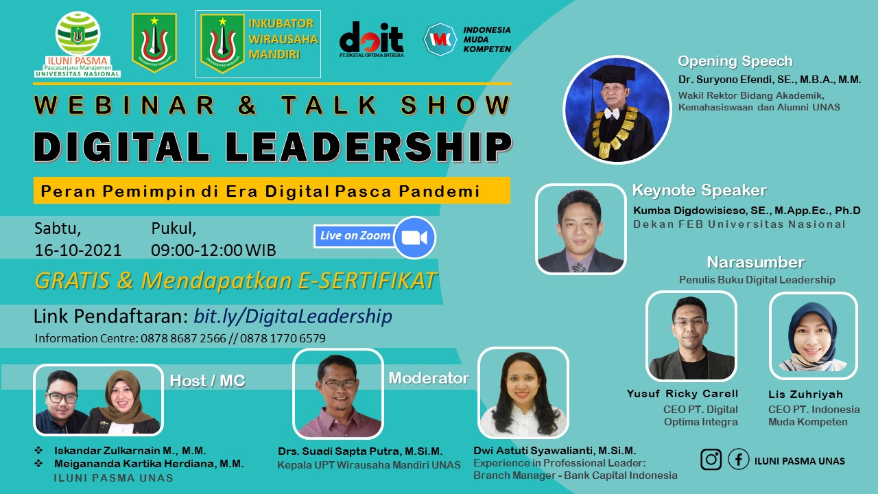 Read more about the article Webinar dan Talk show: Digital Leadership  (Peran Pemimpin di Era Digital Pasca Pandemi )